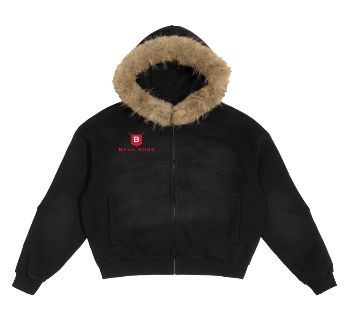 Gold Medallion Black Fur Hoodie Jacket