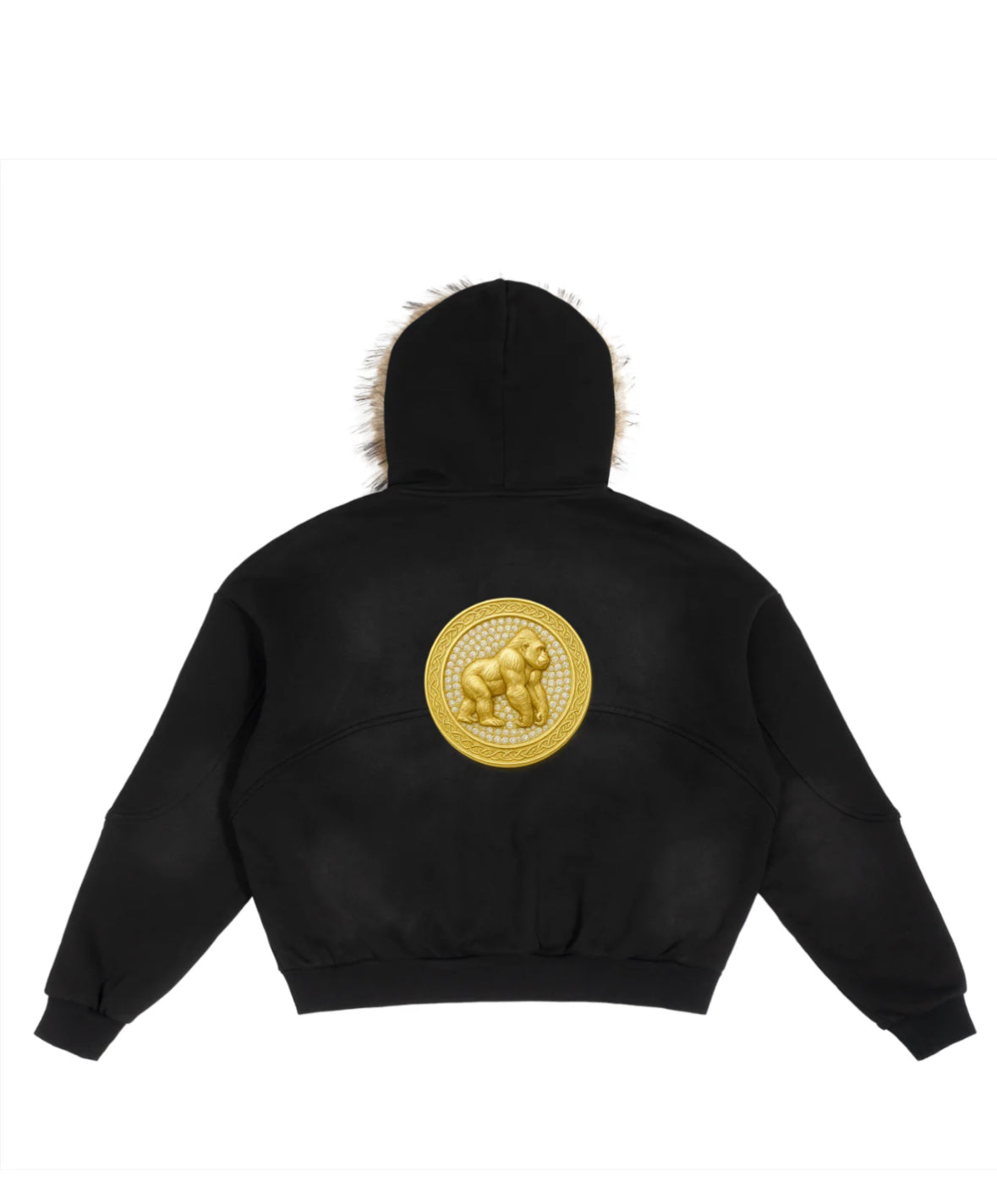 Gold Medallion Black Fur Hoodie Jacket